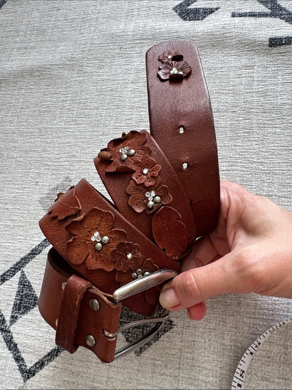 Hollister Brown Leather Floral Rhinestone Wide Belt Boho Y2K Western 40”